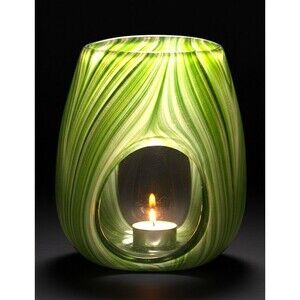 Hand Blown Art Glass Candle Holder Green White Swirl Gold Glitter 7” Tealight